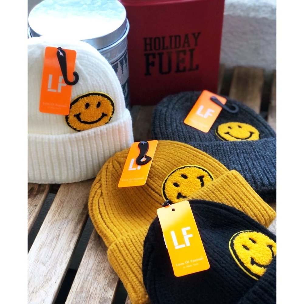 NEW Smile Smiley Happy Face Patch Cozy Soft Rib Knit Beanie Hat Ivory Black Gray - Picture 4 of 14
